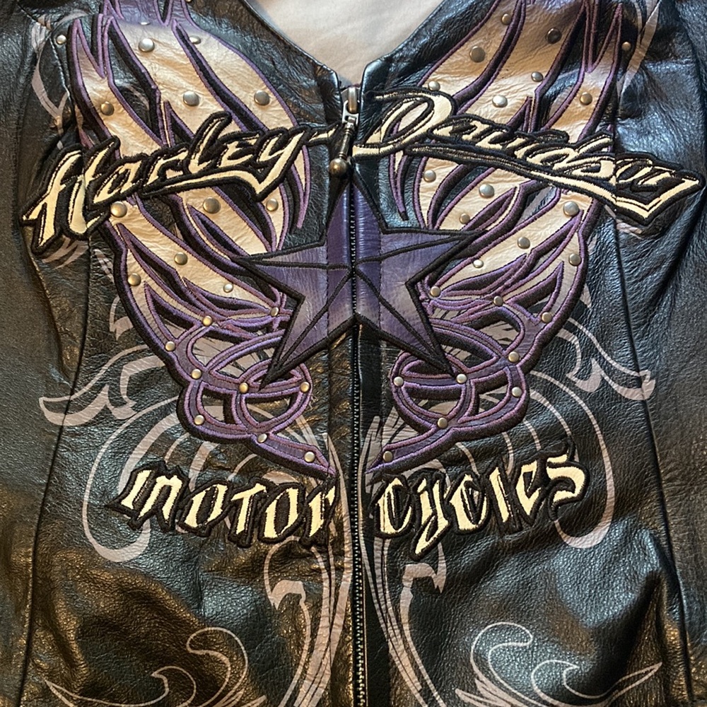 Harley-Davidson Black Leather Halter Zip Front Camisole with Purple Graphic - Picture 2 of 6